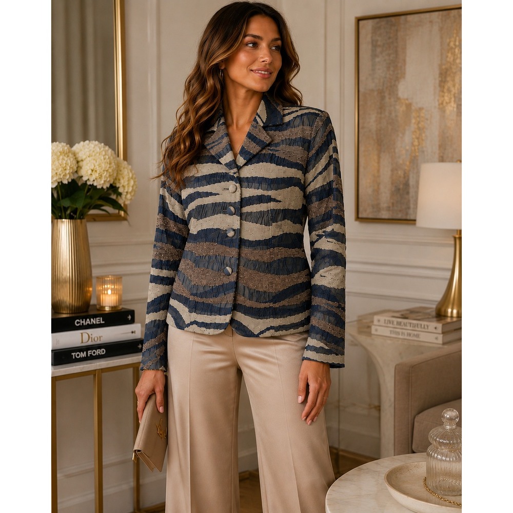 ELCC Tapestry Wavy Stripe Blazer Jacket Brown Blue Cream Size L